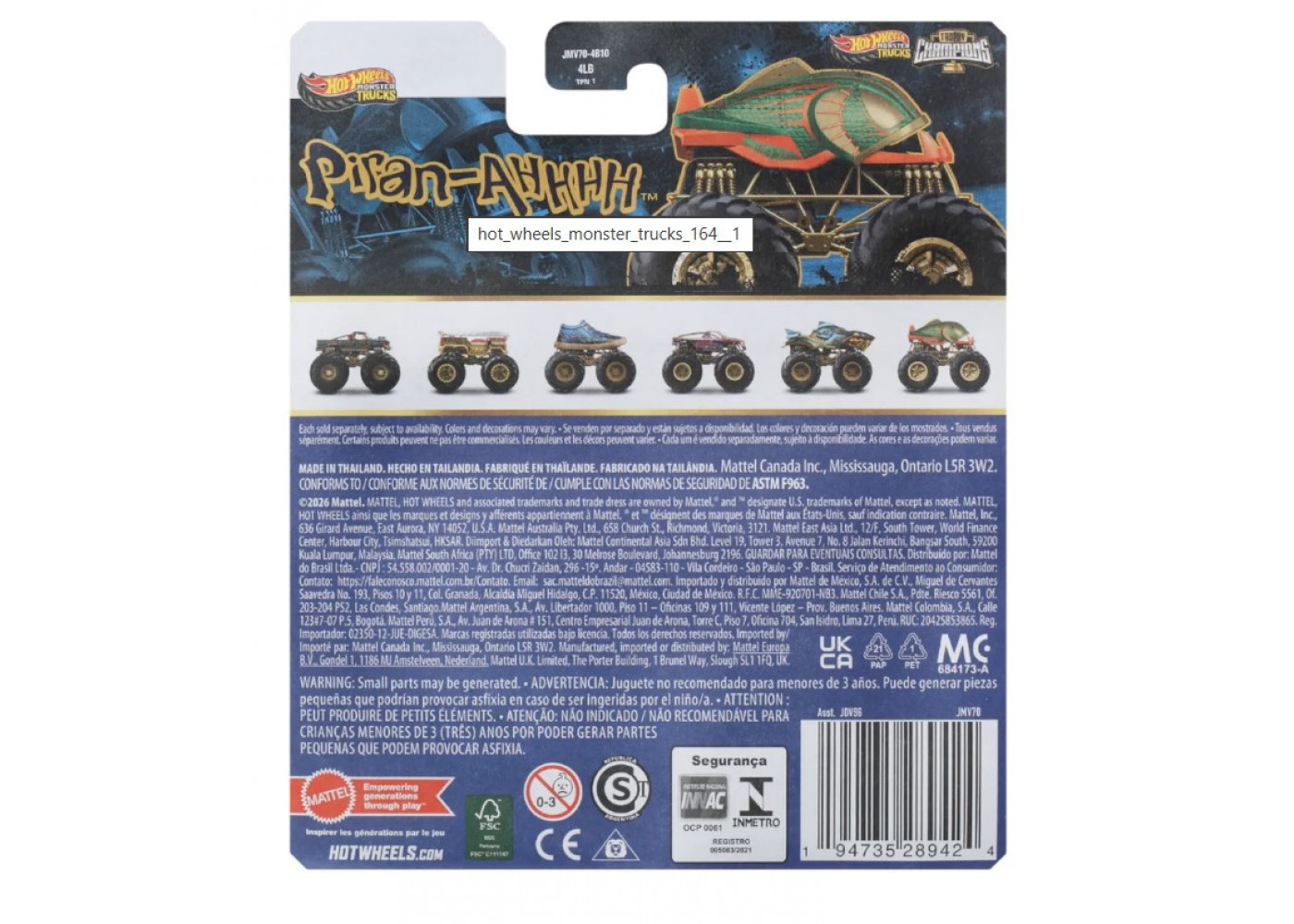 Хот Вілс Монстр Трак 1:64 Piran-AHHHH Monster Trucks Trophy Champions Mattel JMV70