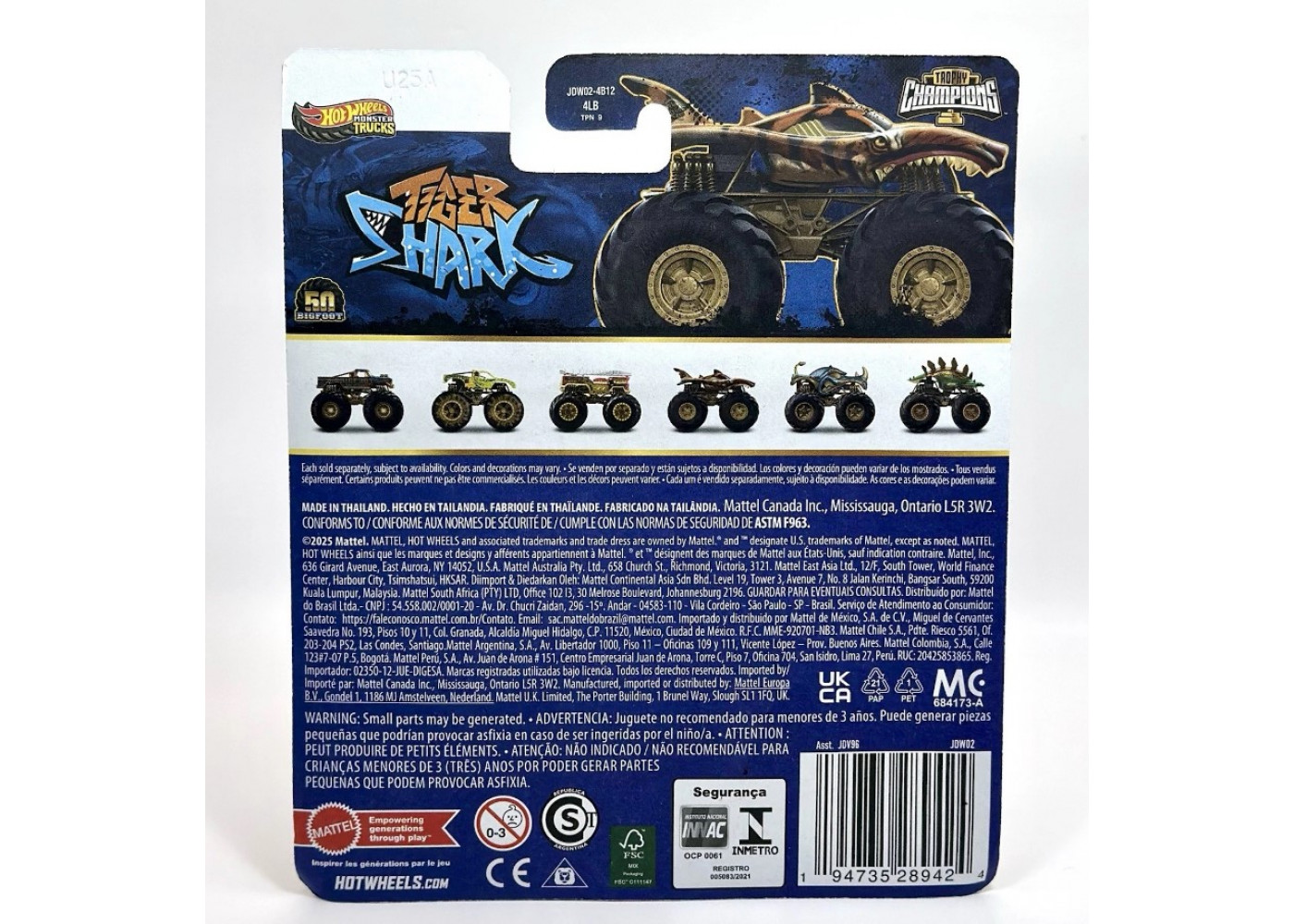 Машинка Хот Вилс Монстр Трак 1:64 Monster Trucks HW Tiger Shark 50 Bigfoot Trophy Champions Mattel JDV02