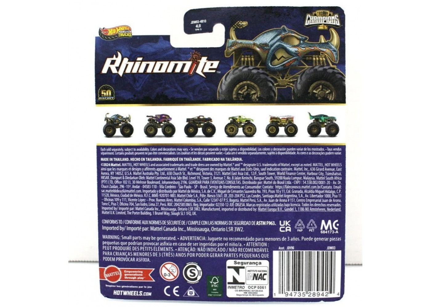 Машинка Хот Вілс Монстр Трак 1:64 Monster Trucks Rhinomite Trophy Champions Mattel JDV03