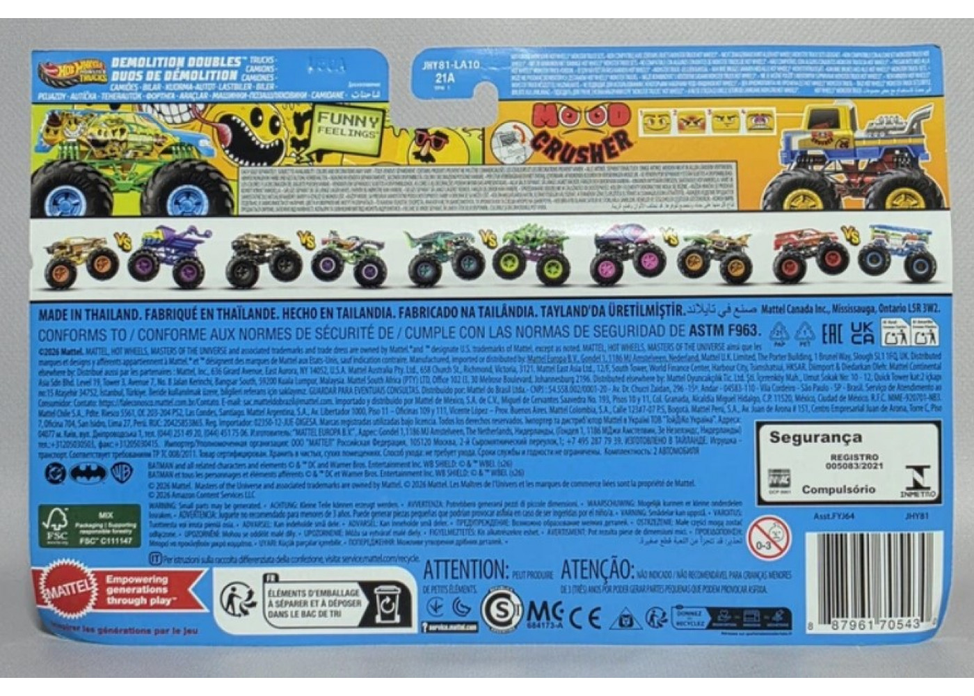 Машинки Хот Вілс Монстр Трак 1:64 Monster Trucks Funny Feeling vs Mood Crusher Mattel JHY81