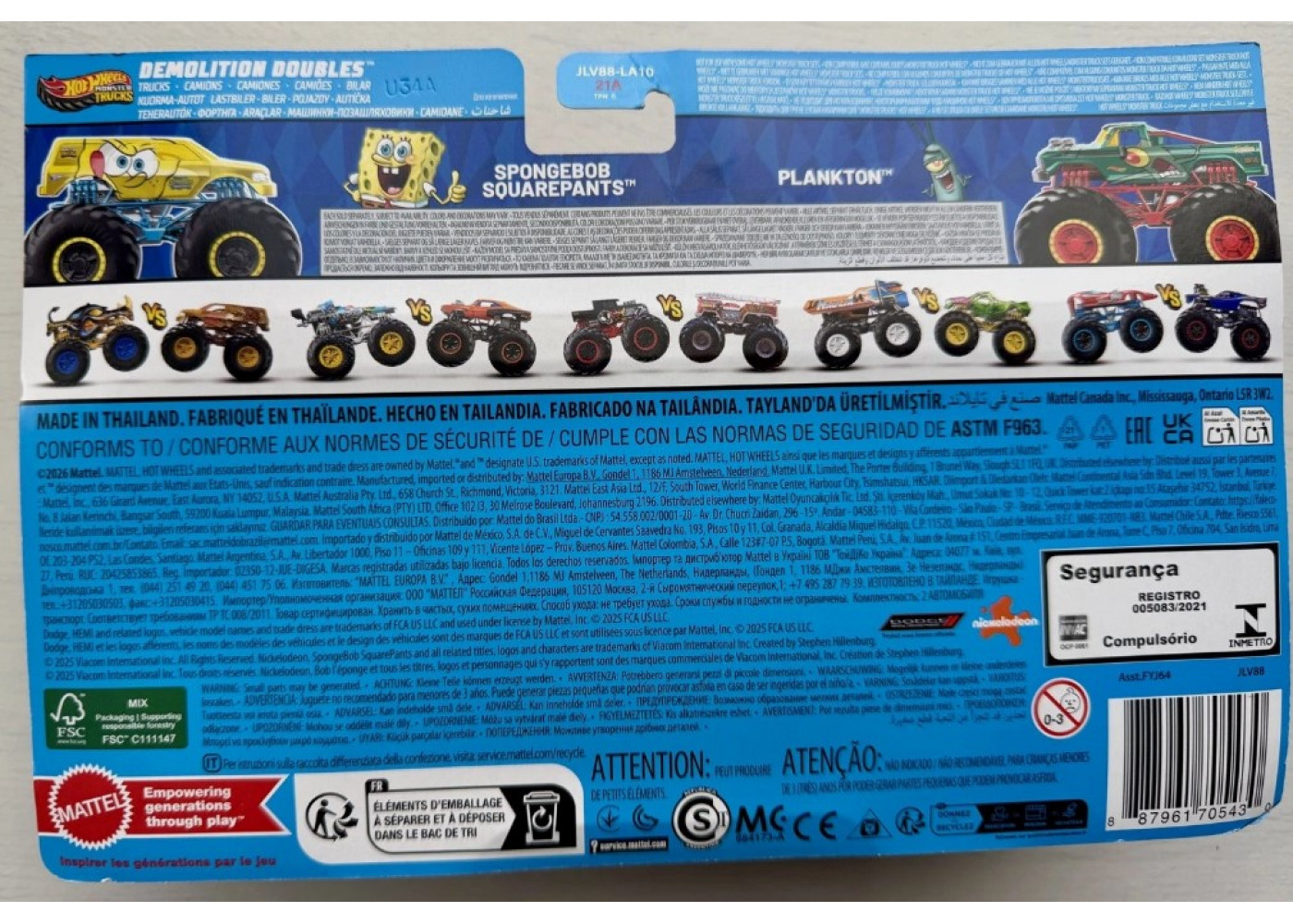 Машинки Хот Вилс Монстр Трак 1:64 Monster Trucks Spongebob Squarepants vs Plankton Mattel JLV88