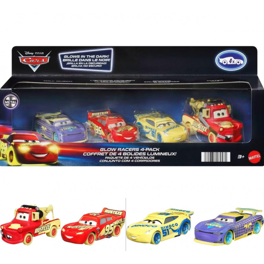 Набор из 4 Светящихся в Темноте Машинок Тачки в Масштабе 1:55 Disney Pixar Cars Glow Racers Mattel 16258

