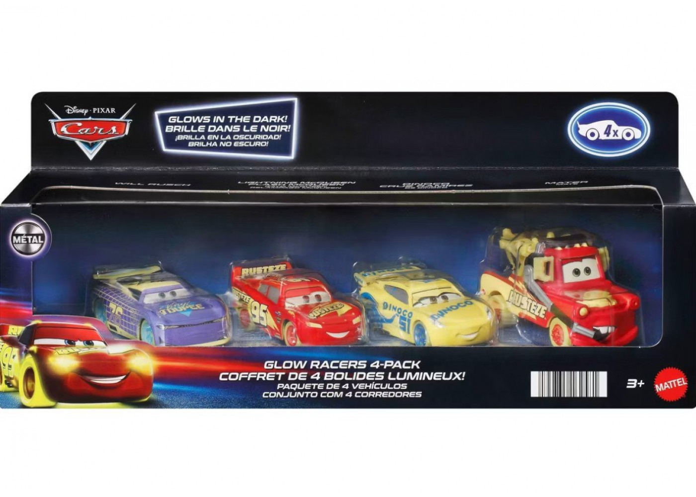 Набор из 4 Светящихся в Темноте Машинок Тачки в Масштабе 1:55 Disney Pixar Cars Glow Racers Mattel 16258
