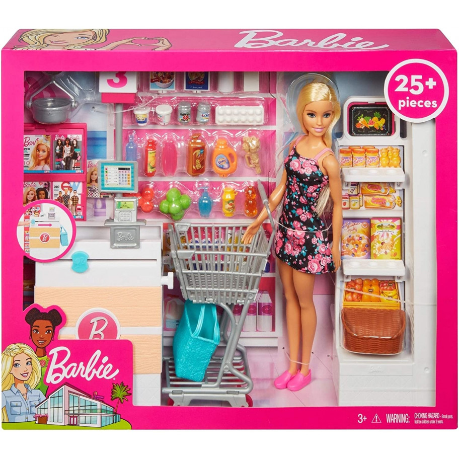 Набор Барби магазин Barbie Doll Grocery Store with Rolling Cart Mattel FRP01