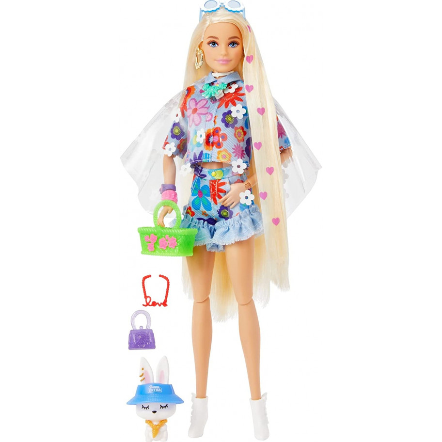 Кукла Барби Экстра Стильная Модница с кроликом Barbie Extra Shimmery Look with Pet Bunny Mattel HDJ45