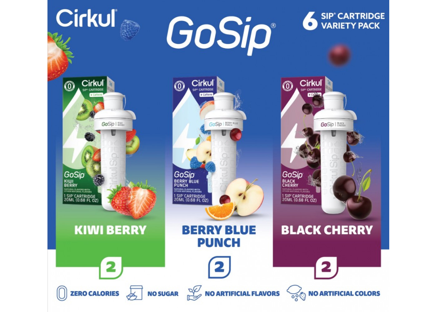 Картридж Cirkul 6 шт Вкус Киви-Ягоды, Ягодный Пунш, Вишня GoSip Flavor Cartridgewith Caffeine Cirkul 41229