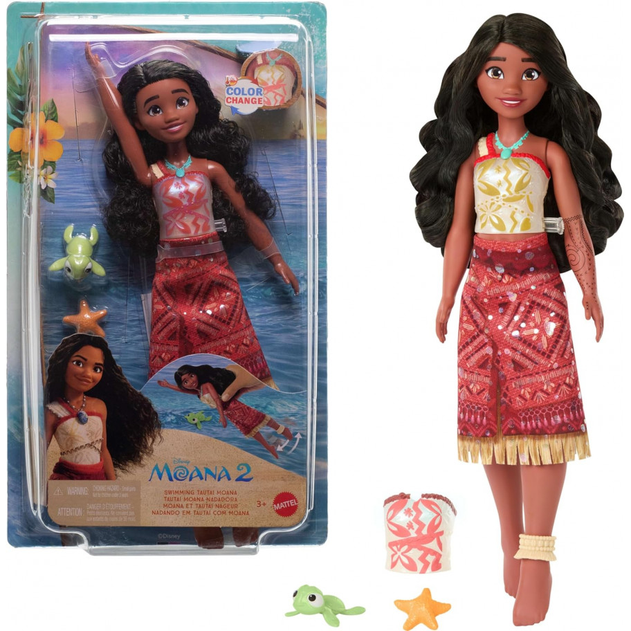 Плавающая Кукла Моана Меняет Цвет с Аксессуарами Disney Swimming Tautai Moana 2 Color Change Mattel JFF08