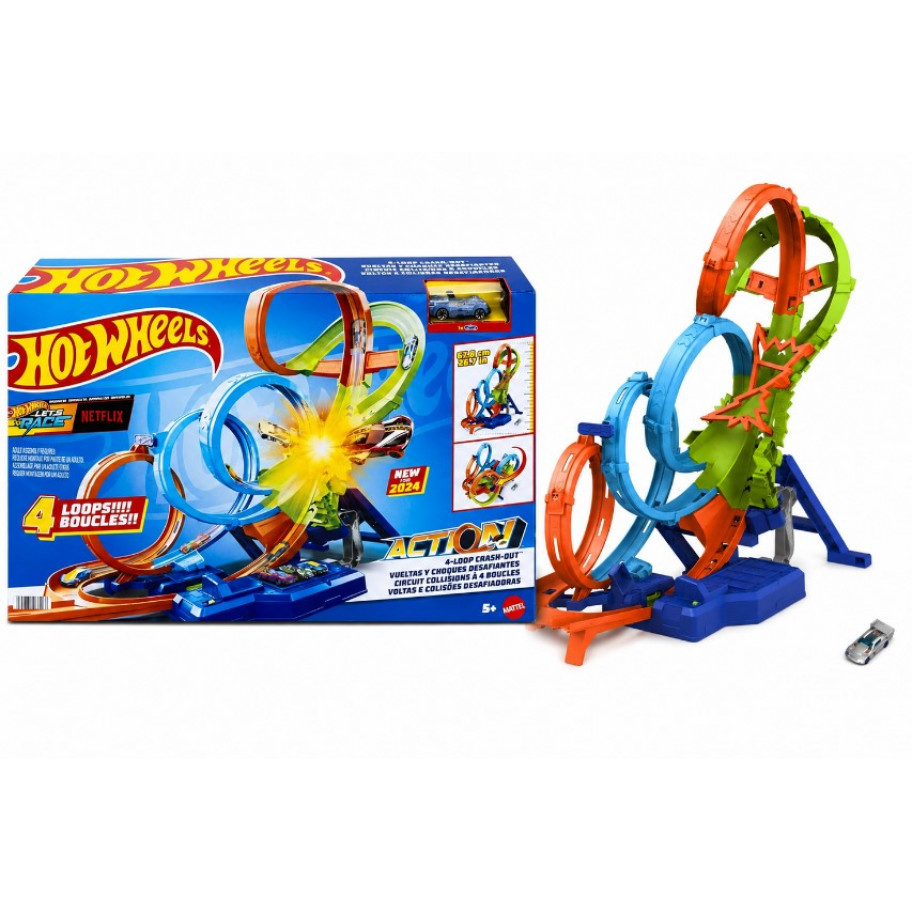 Трек Хот Вілс Божевільні Віражі та 4 Петлі Hot Wheels Track with 4 Loops Crash Zone Booster Mattel HXT06-02