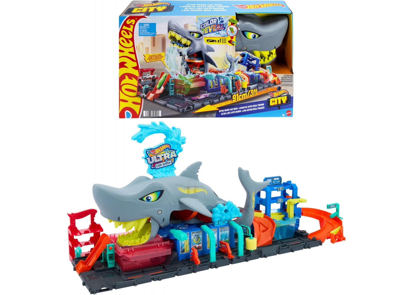 Трек Хот Вилс (Уценка) Измени Цвет Акула Hot Wheels City Color Changing Ultra Shark Car Wash Mattel BHTN82